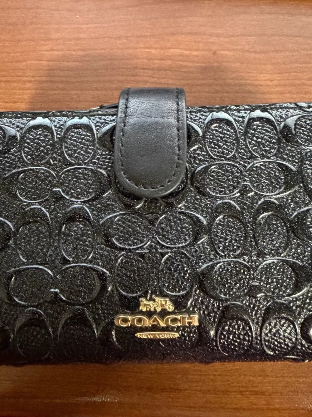 Coach Black Embossed Signature Leather Wallet with Gold Logo